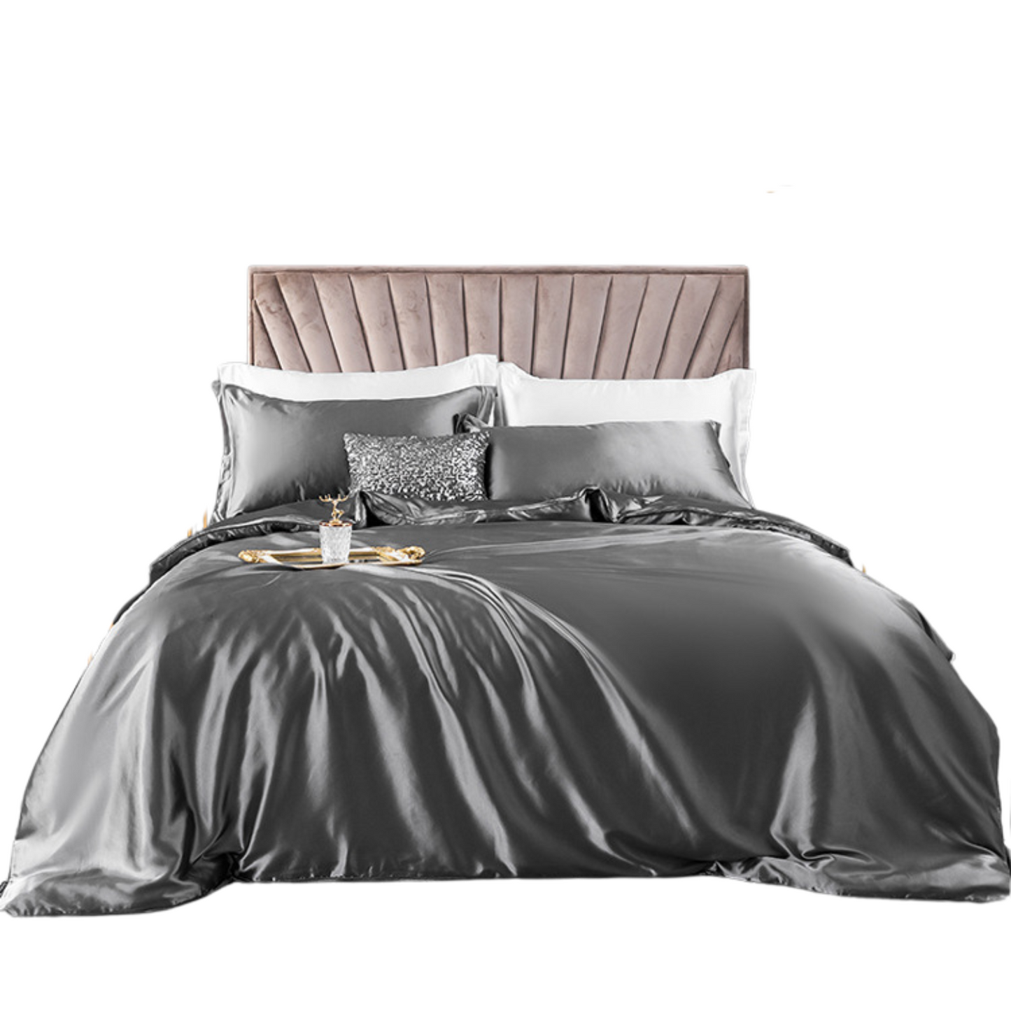 Set de Pat din Satin, Patru Piese: Husa pentru Pilota, Asternut si 2 Fete de Perna, Ideal pentru Paturi de 180 x 200 cm