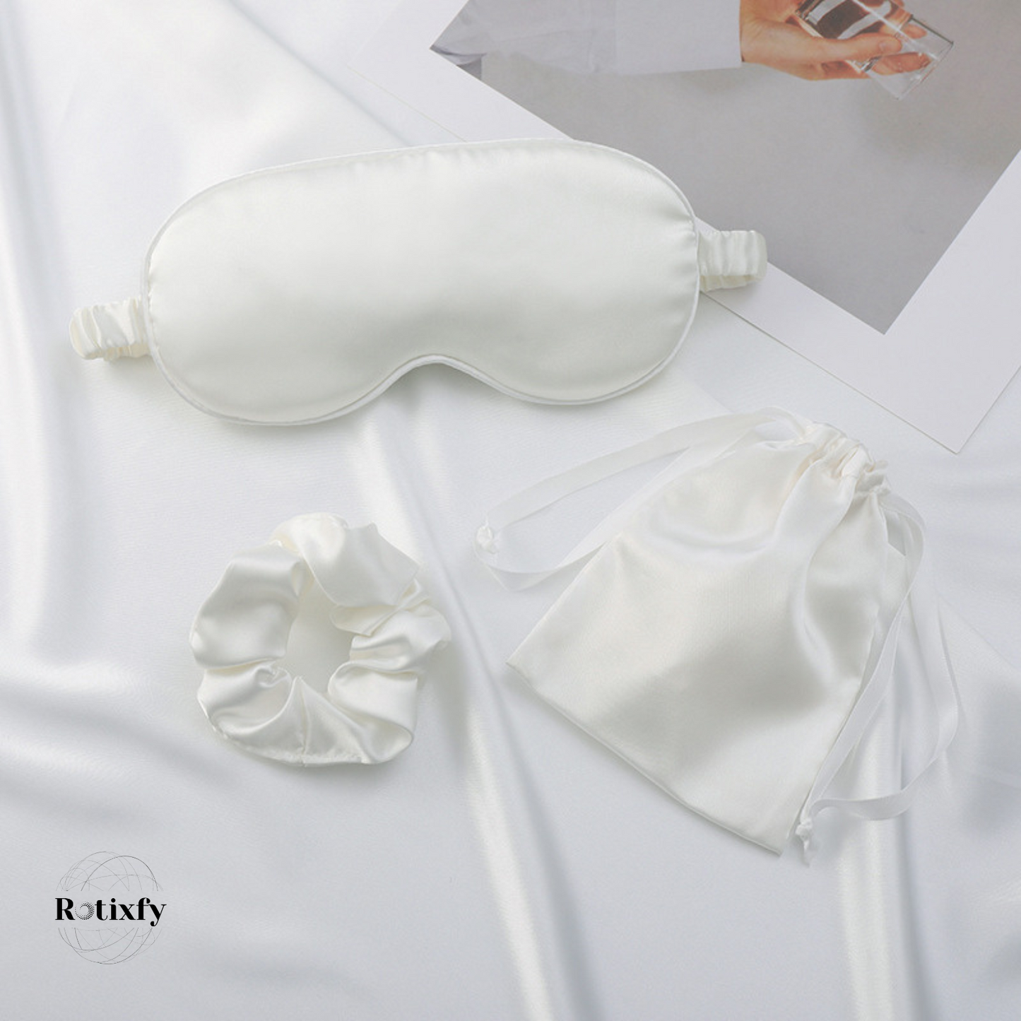 Set de Trei Piese pentru Somn, din Satin, Masca de Ochi, Elastic de Par, Saculet cu Snur