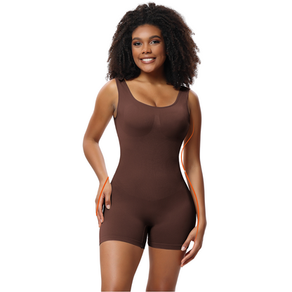 Body Modelator Rotixfy cu Pantaloni Scurti, Fara Cusaturi, Tummy Control, Ridicare Fese, Negru/Maro