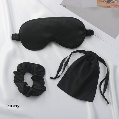 Set de Trei Piese pentru Somn, din Satin, Masca de Ochi, Elastic de Par, Saculet cu Snur