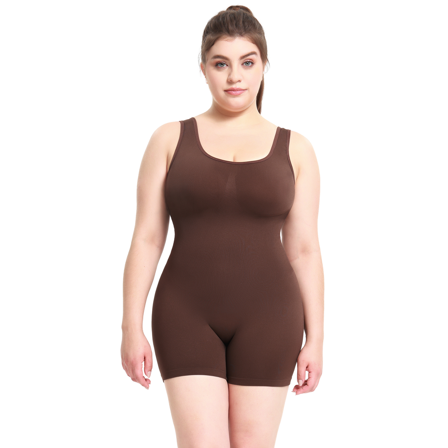 Body Modelator Rotixfy cu Pantaloni Scurti, Fara Cusaturi, Tummy Control, Ridicare Fese, Negru/Maro