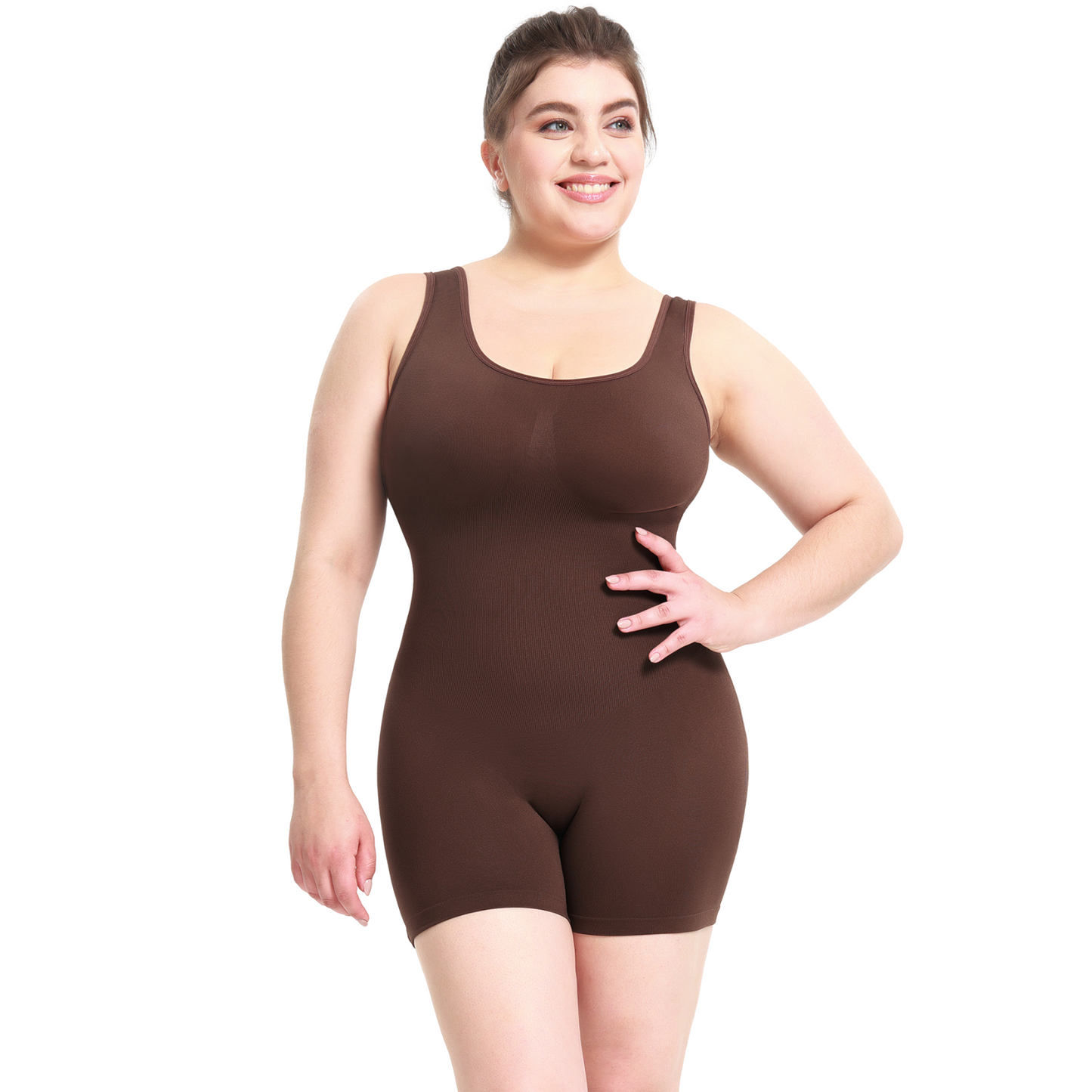 Body Modelator Rotixfy cu Pantaloni Scurti, Fara Cusaturi, Tummy Control, Ridicare Fese, Negru/Maro