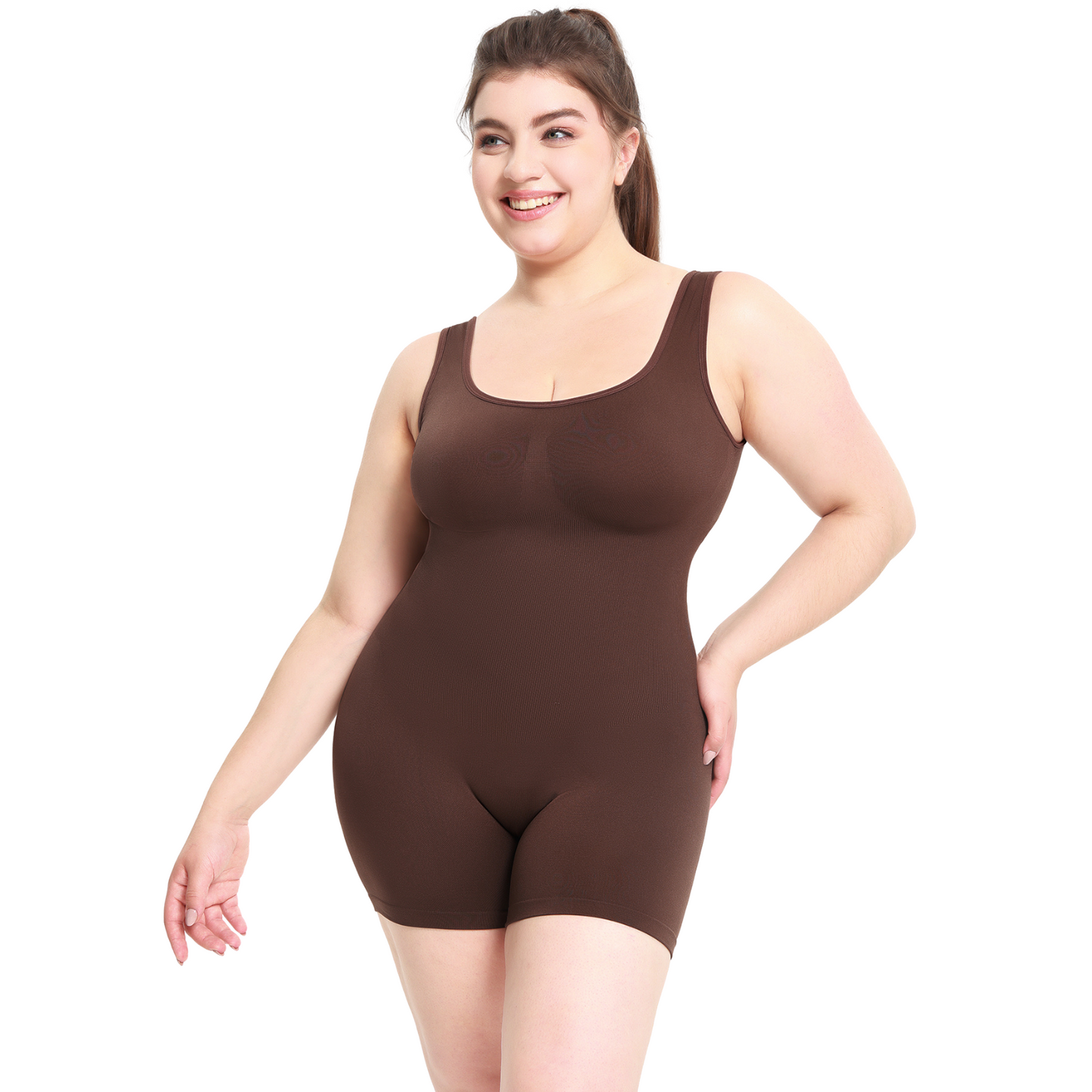 Body Modelator Rotixfy cu Pantaloni Scurti, Fara Cusaturi, Tummy Control, Ridicare Fese, Negru/Maro