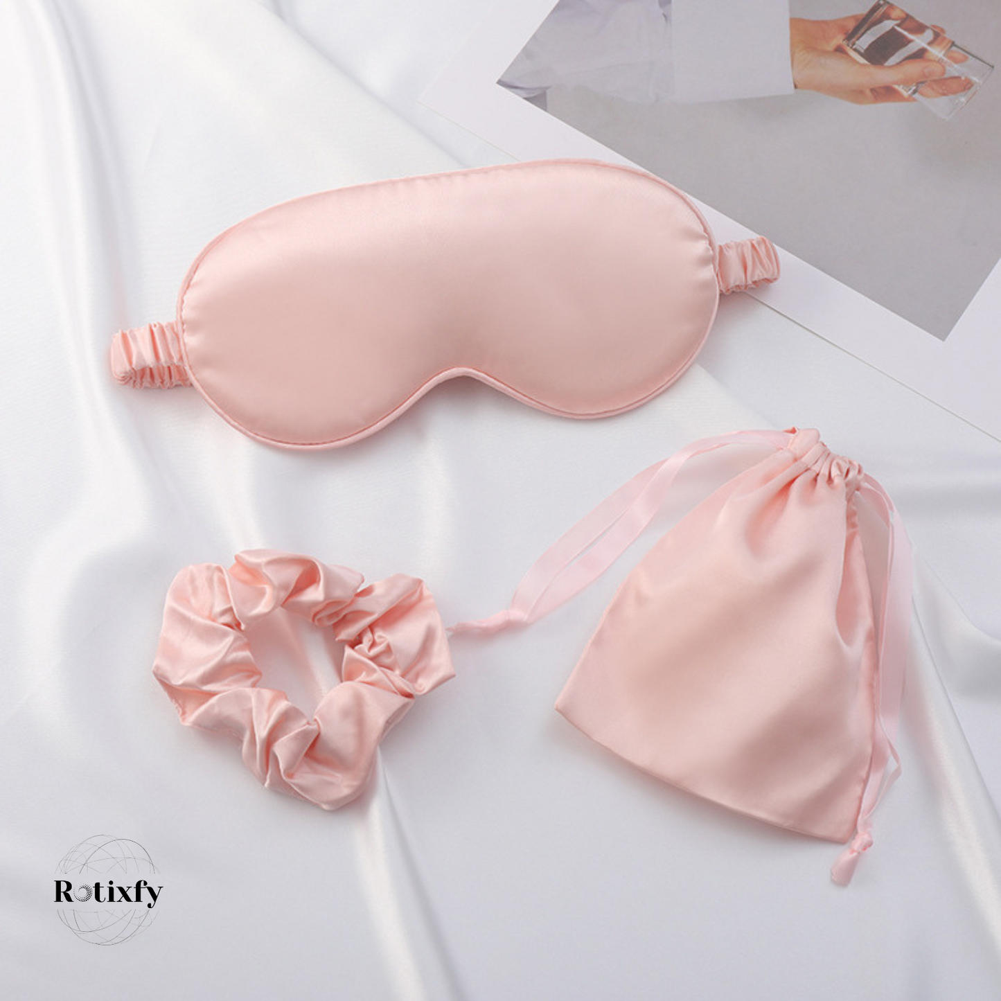 Set de Trei Piese pentru Somn, din Satin, Masca de Ochi, Elastic de Par, Saculet cu Snur