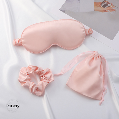 Set de Trei Piese pentru Somn, din Satin, Masca de Ochi, Elastic de Par, Saculet cu Snur
