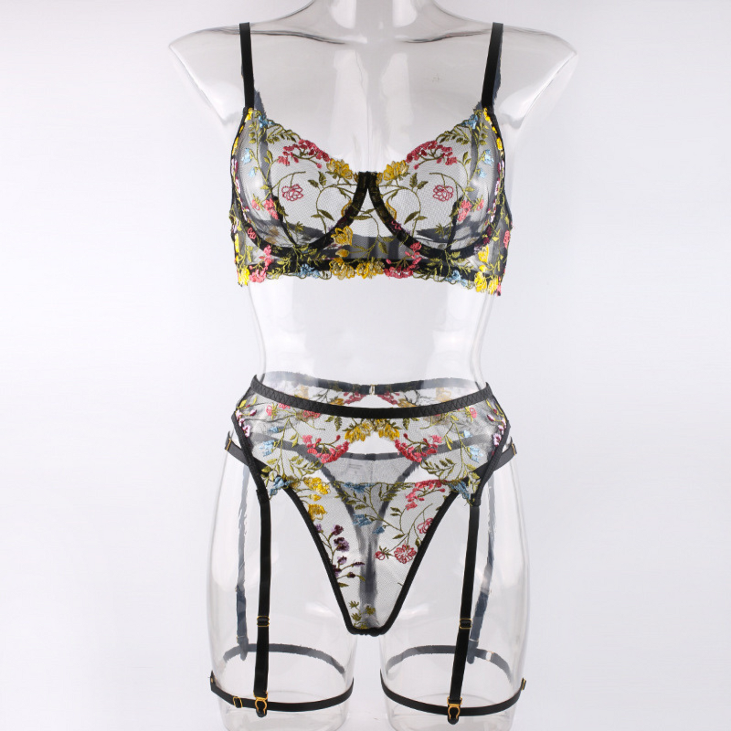 Set Lenjerie Sexy 3 Piese Rotixfy, Sutien Transparent, Tanga si Portjartier, Dantela Neagra