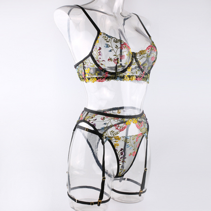 Set Lenjerie Sexy 3 Piese Rotixfy, Sutien Transparent, Tanga si Portjartier, Dantela Neagra
