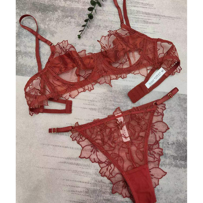 Set Lenjerie Sexy Rotixfy, Sutien cu Broderie si Chilot Tanga Transparent, Rosu Burgund